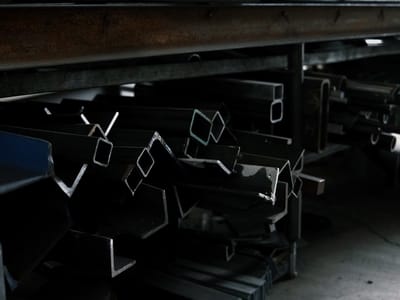 Racked steel stock in the shop, angle and channel and tube stacked by section with cut lengths sorted on the rack below.