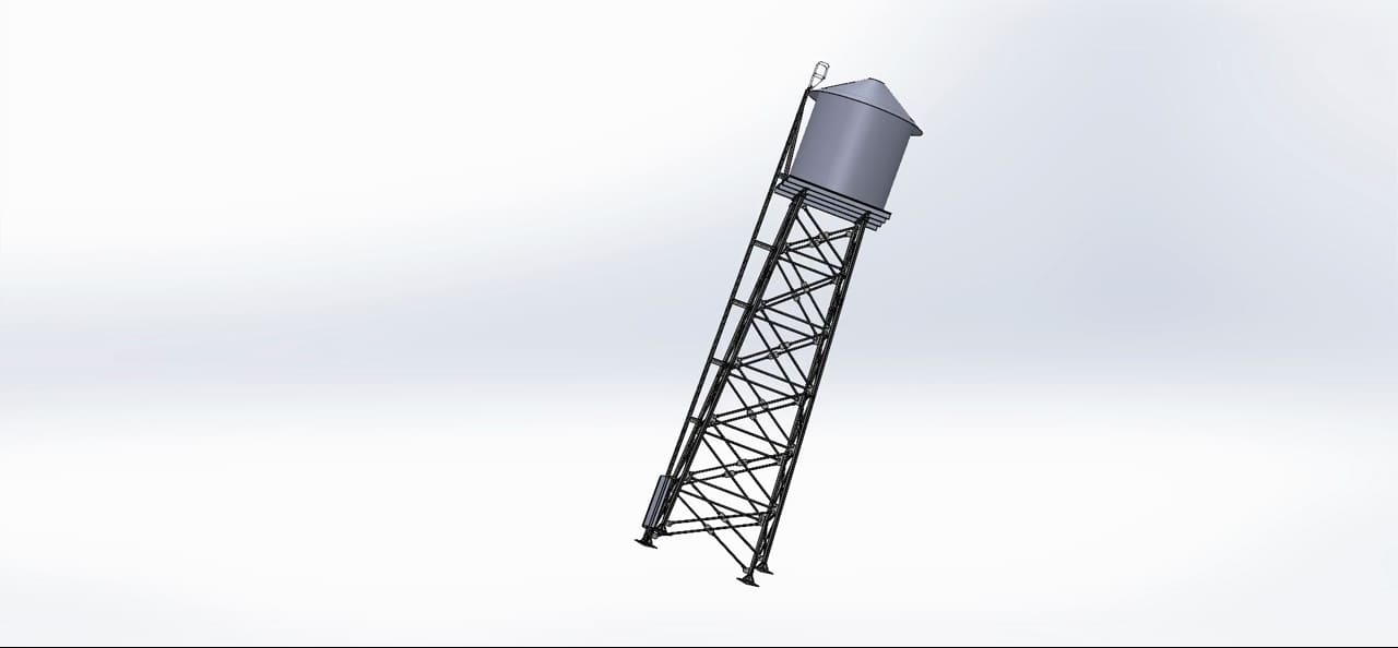 Design model of an elevated water storage tank on a lattice tower, rotating slowly against a plain background.